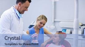  Presentation with brush - PPT layouts with oral communication - dentist showing young patient how background and a light blue colored foreground