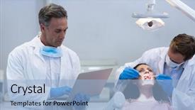  Presentation with dentist - Cool new PPT theme with oral communication - dentist using laptop while colleague backdrop and a light blue colored foreground