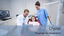  Presentation with work in clinic dental surgery - Presentation theme enhanced with oral communication - dentists showing digital tablet background and a light blue colored foreground