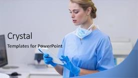  Presentation with using digital tablet - Slides with oral communication - female nurse using digital tablet background and a light blue colored foreground