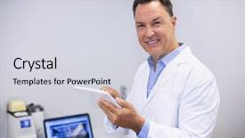  Presentation with using digital tablet - PPT theme consisting of oral communication - portrait of happy dentist using background and a sky blue colored foreground