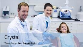  Presentation with work in clinic dental surgery - Beautiful theme featuring oral communication - portrait of smiling dentists backdrop and a light blue colored foreground