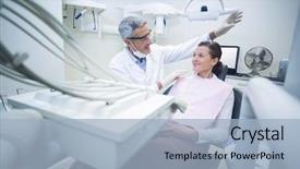  Presentation with dental - Cool new PPT layouts with oral communication - smiling dentist talking to patient backdrop and a  colored foreground
