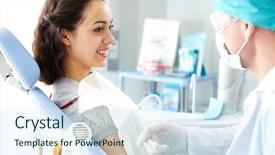  Presentation with dental radiology dentist and assistant - Amazing presentation design having oral communication - young female patient looking backdrop and a cool aqua colored foreground