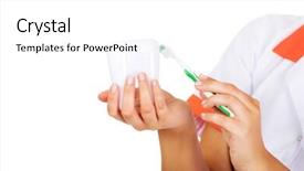  Presentation with holding hands - Colorful PPT theme enhanced with oral dosage form - hands holding toothbrush and tooth backdrop and a white colored foreground