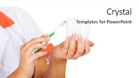 Presentation with kidney transplant holding a model - Colorful PPT theme enhanced with oral dosage form - hands holding toothbrush and tooth backdrop and a white colored foreground