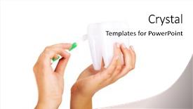  Presentation with holding hands - PPT theme featuring oral dosage form - hands holding toothbrush and tooth background and a white colored foreground