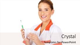  Presentation with orthodontics orthodontic model and dentist - Presentation design with oral dosage form - young dentist woman with toothbrush background and a lemonade colored foreground