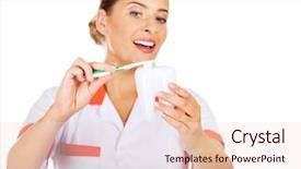  Presentation with orthodontics orthodontic model and dentist - Slide set featuring oral dosage form - young dentist woman with toothbrush background and a lemonade colored foreground