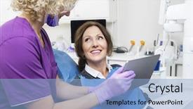  Presentation with report - Theme featuring oral health - assistant showing report to happy background and a light blue colored foreground
