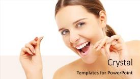  Presentation with dental floss - Presentation with oral health - picture of a young woman background and a coral colored foreground