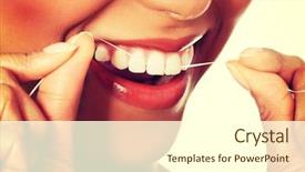  Presentation with dental floss - Amazing PPT theme having oral health - young beautiful woman with dental backdrop and a cream colored foreground