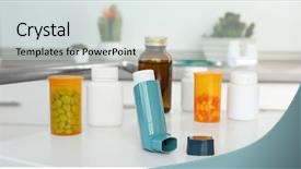  Presentation with medications - Beautiful presentation design featuring oral health education - asthma inhaler and medications backdrop and a  colored foreground