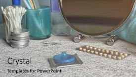  Presentation with contraception - Audience pleasing slide deck consisting of oral health education - birth pills and condoms backdrop and a light gray colored foreground