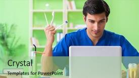  Presentation with clinic - Audience pleasing theme consisting of oral health education - dentist doctor sitting at computer backdrop and a mint green colored foreground