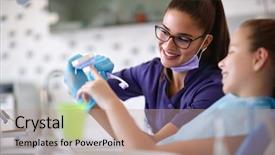  Presentation with cosmetics brush and explosion makeup - Cool new presentation with oral health education - female dentist educates little girl backdrop and a coral colored foreground