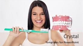  Presentation with odontology teeth mode - Cool new slides with oral health education - smiling girl holding model backdrop and a lemonade colored foreground