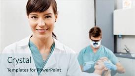  Presentation with dentist - PPT theme featuring oral hygiene - portrait of smiling female assistant background and a light blue colored foreground