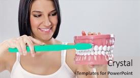  Presentation with oral hygiene - Beautiful PPT theme featuring oral hygiene - young woman with big toothbrush backdrop and a coral colored foreground