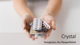  Presentation with packs - Presentation design featuring medicine healthcare and people concept - woman hands holding packs of pills background and a mint green colored foreground