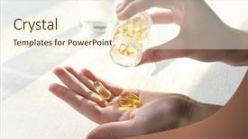  Presentation with pills - Beautiful presentation theme featuring patient taking drugs - transparent yellow pills in female backdrop and a cream colored foreground