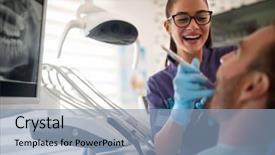  Presentation with dental radiology dentist and assistant - Slide set having oral pain - young smiling female dentist working background and a light blue colored foreground