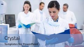  Presentation with dental - Slides enhanced with oral reading - attentive dentist looking at reports background and a  colored foreground