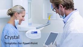  Presentation with dental assistant - Cool new presentation design with oral reading - dentist and dental assistant working backdrop and a light blue colored foreground