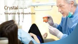  Presentation with treatment - Presentation theme having oral surgeon - female patient having a dental background and a  colored foreground