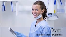 Presentation with dental surgery - Beautiful PPT theme featuring oral surgery - portrait of smiling dental assistant backdrop and a light blue colored foreground