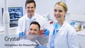  Presentation with oral surgery - Presentation theme featuring oral surgery - portrait of smiling dentists background and a light blue colored foreground