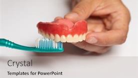  Presentation with dental prosthesis - Audience pleasing slides consisting of oran-hygiene-demonstration-doctor-dentist backdrop and a light gray colored foreground