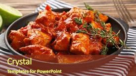  Presentation with frying - Cool new PPT layouts with orange - frying pan with delicious chicken backdrop and a tawny brown colored foreground