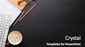  Presentation with office desk reception - PPT theme featuring orange - office desk with coffee notepad background and a dark gray colored foreground