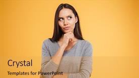  Presentation with studio - Cool new PPT theme with orange - thoughtful model in studio looking backdrop and a yellow colored foreground