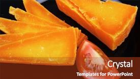  Presentation with cheddar - Slide deck enhanced with orange aged delicious cheddar cheese chop with slice and tomato on black plate isolated over white background background and a tawny brown colored foreground