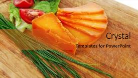  Presentation with cheddar - Theme having orange aged delicious cheddar cheese chop with slice on wooden plate with tomatoes chives and salad isolated over white background background and a gold colored foreground