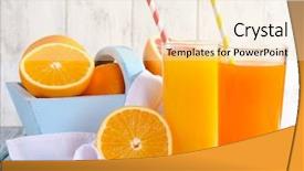  Presentation with table napkin - Slides enhanced with orange and carrot juice in glasses on napkin and fresh fruits in wooden box on wooden table on wooden wall background background and a lemonade colored foreground