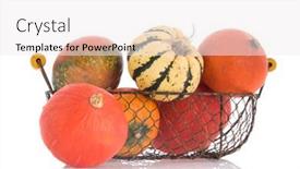  Presentation with orange green white - Cool new slide deck with orange and green pumpkins in basket isolated over white background backdrop and a white colored foreground