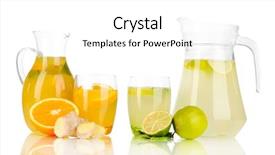  Presentation with lemonade - Slide deck having orange and lemon lemonade in pitchers and glasses isolated on white background and a white colored foreground