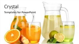  Presentation with lemonade - Theme consisting of orange and lemon lemonade in pitchers and glasses isolated on white background and a white colored foreground