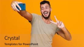  Presentation with man holding phone - Slide set consisting of orange background holding mobile phone background and a gold colored foreground