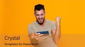  Presentation with mobile games - Beautiful PPT theme featuring orange background playing games backdrop and a gold colored foreground