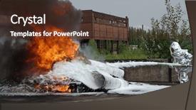  Presentation with firefighter - Audience pleasing PPT theme consisting of orange blast - firefighter quenches burning tires backdrop and a tawny brown colored foreground