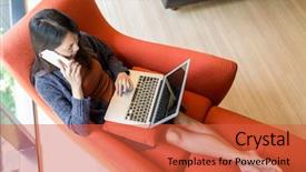  Presentation with talk - Slide deck having orange brown video - woman talk to cellphone background and a red colored foreground