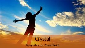  Presentation with meadow - PPT theme consisting of orange clouds - young woman with raised hands background and a gold colored foreground