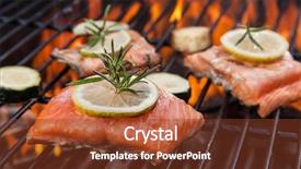  Presentation with steaks - Colorful presentation theme enhanced with orange fish - delicious grilled salmon steaks backdrop and a tawny brown colored foreground