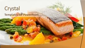  Presentation with asparagus - Colorful PPT layouts enhanced with orange fish - salmon steak with fruits vegetables backdrop and a cream colored foreground
