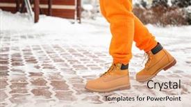  Presentation with city street - PPT layouts enhanced with orange foot - stylish woman wearing warm shoes background and a coral colored foreground