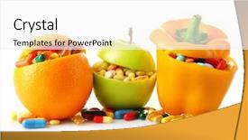  Presentation with colorful of antibiotics capsule pills - Cool new slide set with orange fruit apple and bell backdrop and a white colored foreground